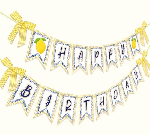 JarThenaAMCS 2 Pcs Lemon Happy Birthday Banner 3D Yellow Blue Chinoiserie Lemon Birthday Paper Banner with Ribbon Bow Pre-Assembled Hanging Garland for Summer Lemon Birthday Party Decoration - Image 1