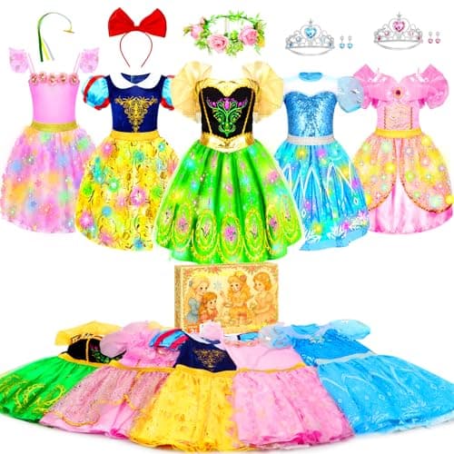 Qezny Princess Costumes for Girls, Princess Dress up Clothes for Girl 3-8