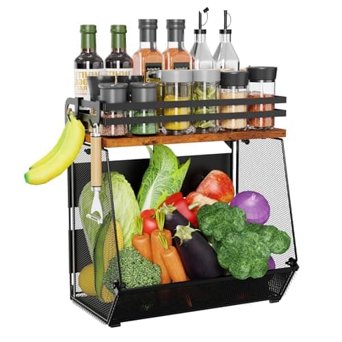 Couwilson Magnetic Shelf for Fridge with Wood Lid - Magnetic Spice Rack for Refrigerator, Mesh Design Large Shelf Basket, Shelves for Kitchen Pantry Storage Organizer for Food Fruit Veg (1Pack) - Image 1