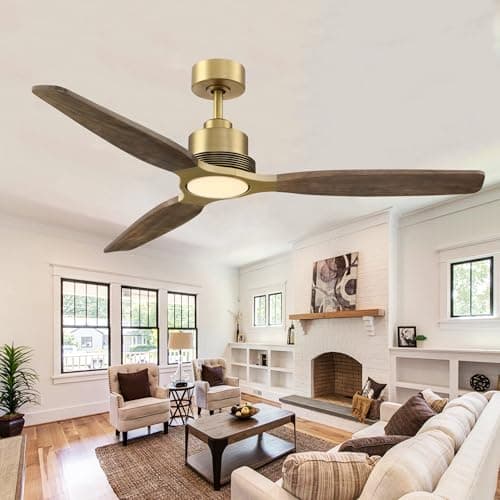 CalorHoga 56 Inch Wood Ceiling Fans with Lights, Gold Brass Ceiling Fan with Remote Control, 3 Wood Blades, Dimmable LED, 4082 CFM, Quiet DC Reversible, Rustic Farmhouse for Indoor Living Room Bedroom - Image 1