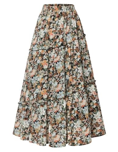 Scarlet Darkness Boho Maxi Skirt for Women Tiered Flowy Long Skirts with Pockets 2026 Summer Spring Vacation Outfits Multicolored Bloom Floral S - Image 1