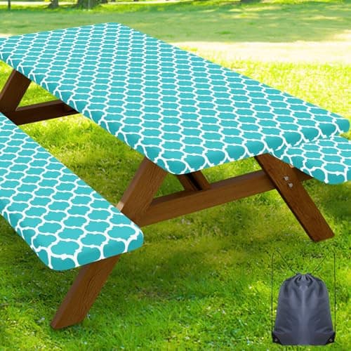 Smiry Picnic Table Cover with Bench Covers, Waterproof Elastic Fitted Tablecloth for 6 Foot Tables, Washable Polyester Tablecloths for Camping, Indoor & Outdoor (Teal, 30x72 Inch 3-pc Set) - Image 1