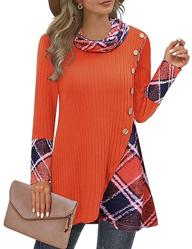 Miusey Women Sweaters for Fall and Winter Cowl Neck Sweatshirt Cozy Cable Knit Pullover to Wear with Leggings Red Orange Plaid 2XL - Image 1