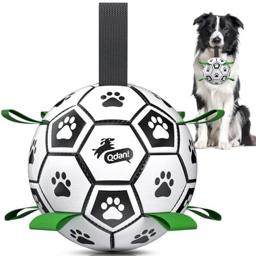 QDAN 6 Inch Dog Toys, Durable Floatable Dog Balls for Tug, Fetch, Herding and Water Play, Soft PU, World Cup Dog Soccer Ball with Straps for Small to Medium Dogs, Ideal Outdoor Play & Birthday Gift