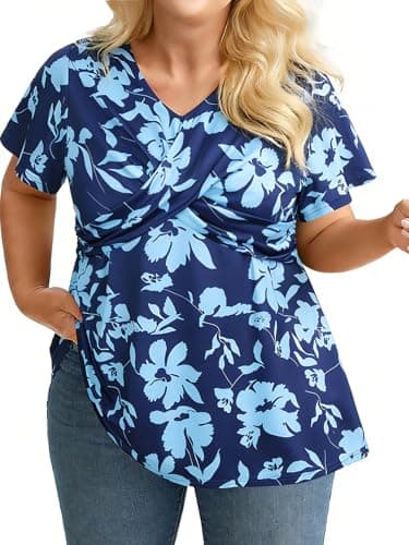 Charming Ashley Plus Size Floral Print Blouse for Women V Neck Short Sleeve Summer Spring Top Casual Shirt Navy Blue - Image 1