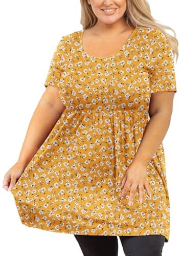 AusLook Plus Size Womens Summer Tops Yellow Celosia 3X Tunic Short Sleeve Blouses Scoop Neck Clothing Pleated Tee Ladies Clothes Flowy Casual Dress Loose Fit Outfits Maternity Babydoll T Shirts - Image 1