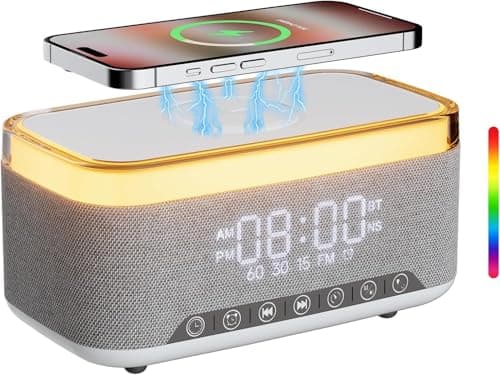 Bluetooth Speaker Alarm Clock with 10w Fast Wireless Charger for iPhone Samsung, 10W Stereo Bluetooth Speaker, 12-Color Night Light, White Noise Machine Digital Clock with FM Radio for Bedroom (Gray) - Image 1