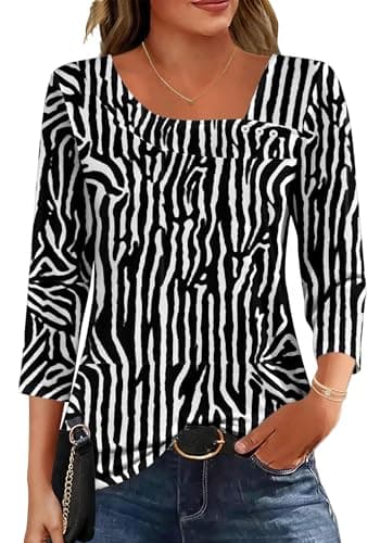 Dimur Tops for Teacher 3/4 Sleeve Business Casual Outfits Spring Summer Square Neck Zebra Print Top Basic Tee Small - Image 1