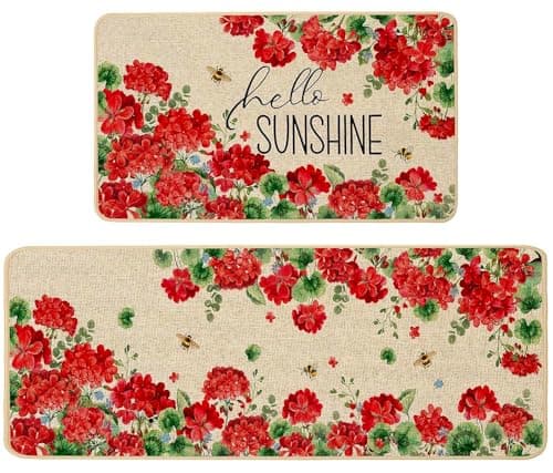 Baccessor Spring Summer Kitchen Mats Set of 2, Geranium Floral Bee Kitchen Rugs for Floor Non Slip Absorbent Low-Profile Seasonal Farmhouse Home Decor 17x29 and 17x47 Inch