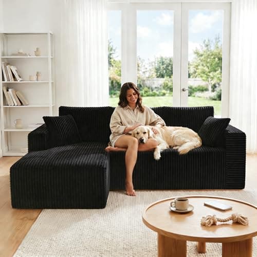 92.5" Modular Sectional Sofa, L-Shaped Cloud Couch with Deep Seats and Chaise, Upholstered Corduroy Boneless Couch for Living Room Small Space, No Need Assembly - Black(Left Facing Chaise) - Image 1