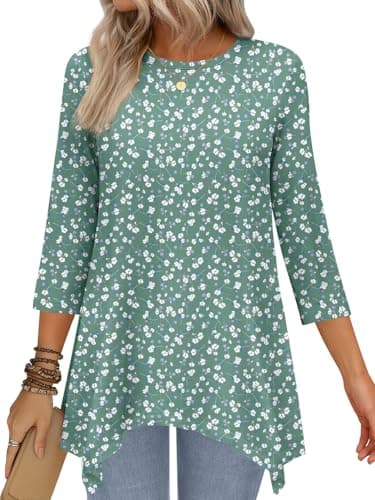 JUSTFASHIONNOW Womens Blouses Dressy Casual 3/4 Sleeve Tops for Women Trendy Spring Floral Printed Shirts for Women Fashion Clothes Outfits(Floral Blue,Small - Image 1