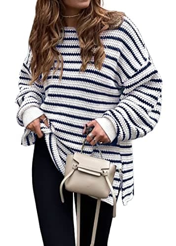 KIRUNDO Women's 2026 Fall Winter Oversized Long Sleeve Striped Sweater Casual Crewneck Side Split Pullover Knit Tops(Striped Dark Blue, Medium) - Image 1