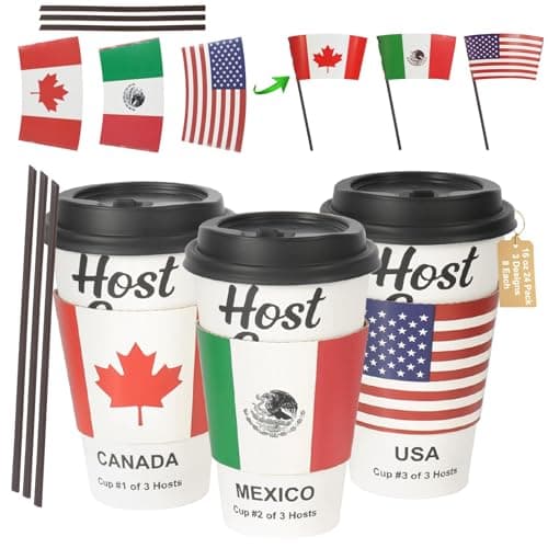 Sowinvent 16 oz CheerSleeve Host Cup, Celebrating World Soccer Tournament Hosts Canada Mexico USA, 24 Sets Disposable Paper Party Cups with Lids Straws Sleeves, Flag Themed Fan Event Decorations - Image 1