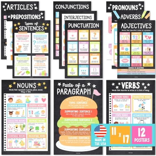 Parts of Speech Posters for Classroom Must Haves - 12 English Grammar Posters for Classroom, Writing Process Language Arts Elementary & Middle School, ELA 3rd 4th & 5th Grade Chalk Teacher Must Haves - Image 1