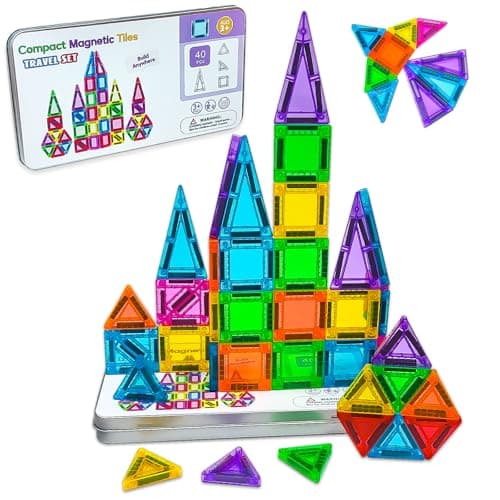 JZILU Mini Magnetic Tiles, 40 Piece Magnatiles Travel Set with Case, Magnatiles for Toddlers – Travel Essentials, Toddler Plane, Road Trip and Restaurant Activities Toy