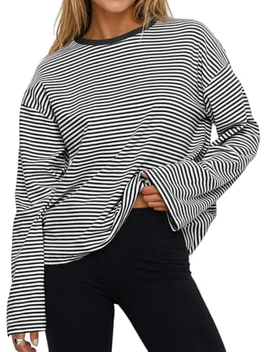 Flowyair Womens Oversized Striped Long Sleeve Shirts Casual Trendy Crew Neck Cotton Tops Drop Shoulder Loose Fit T Shirts Black - Image 1