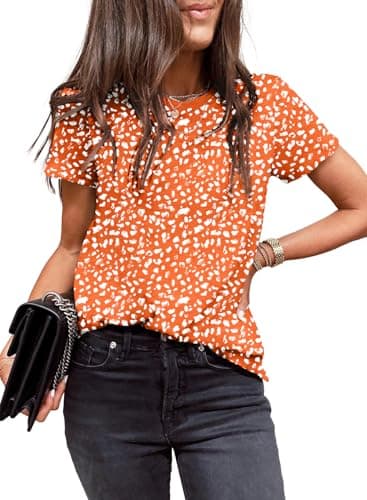 EVALESS Short Sleeve Tops for Women Trendy Crewneck Polka Dots Shirts Basic Tee Clothing Orange Small - Image 1