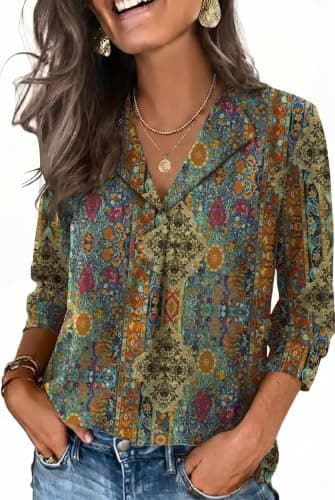 WIHOLL Womens Tops Trendy 3/4 Length Sleeve Womens Blouses Boho Clothes Vacation Outfits S - Image 1