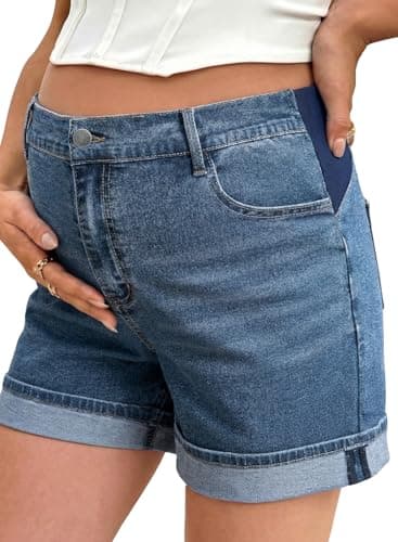 BLENCOT Women Maternity Jean Shorts Under Belly Pregnancy Casual Summer Fold Hem Stretchy Denim Clothes with Pockets Bluing X-Large - Image 1