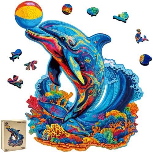 Hopelucr Wooden Puzzles for Adults and Kids, Playful Dolphin Wooden Jigsaw Puzzle 200 Pieces, Unique Shaped Wooden Puzzles, Birthday Gift for Family Game Night Home Decor 11 * 9.4in - Image 1