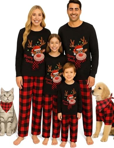 Waist Wow Christmas Family Matching Holiday Outfit with Pet Set Funny Print Top and Plaid Pants Xmas Family Home Wear Sets - Image 1