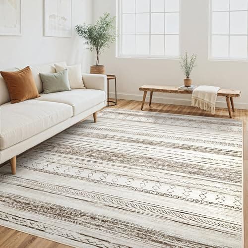 Tortania Area Rug Living Room Rugs - 6x9 Washable Large Soft Neutral Boho Moroccan Bohemian Farmhouse Rug Indoor Floor Carpet for Bedroom Under Dining Table Home Office Decor - Cream Brown - Image 1