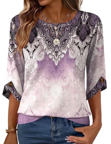 Blingfit Womens Crew Neck T Shirts 3/4 Sleeve Business Casual Tops Ladies Pullover Loose Fit Basic Tee Purple Print XL