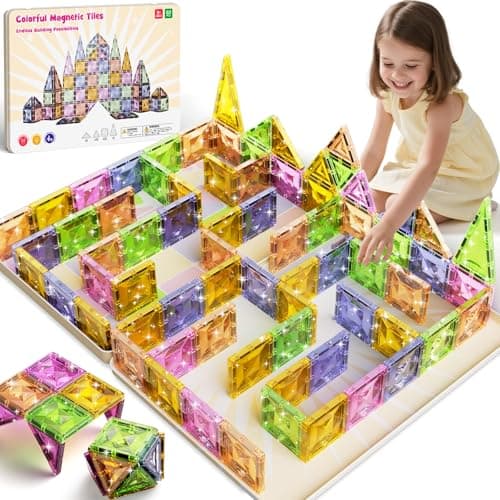 Magnetic Tiles for Kids Ages 4-8, Magnetic Blocks Travel Set with Diamond Surface & Metal Storage Box, 60PCS STEM Learning Toys, Educational Building Gifts for 3-8 Year Olds - Image 1