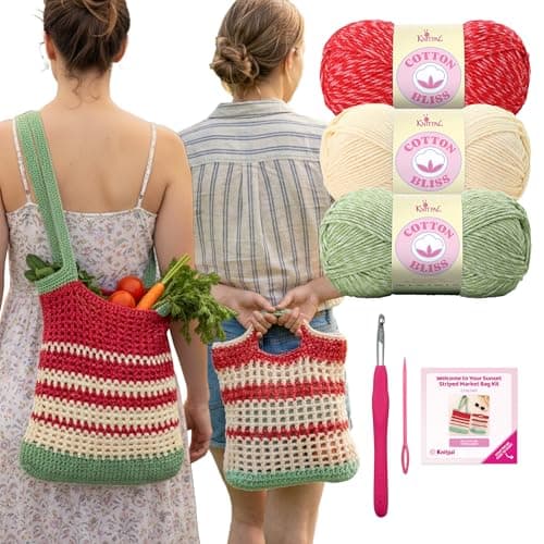 KnitPal Sunset Striped Market Bag Crochet Kit for Confident Beginners – Make a Reusable Market Bag & Lunch Tote – with Cotton Bliss Yarn (#4 Worsted), Hook, Patterns & Video Tutorials - Image 1