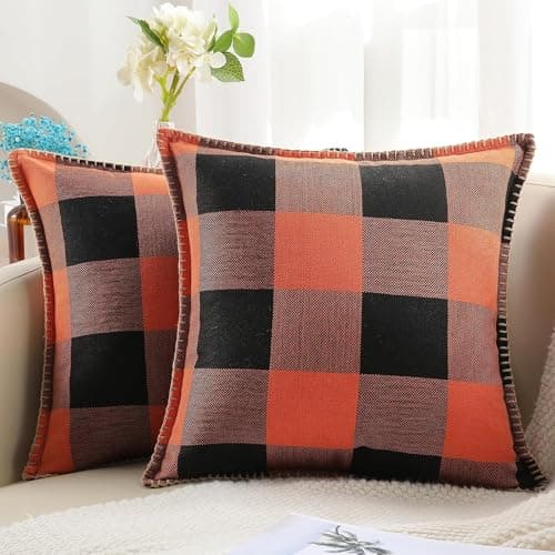 decorUhome Summer Buffalo Plaid Check Throw Pillow Covers 16x16 Set of 2 Outdoor Linen Decorative Farmhouse Gingham Pillow Covers with Stitched Edge for Bed Couch Sofa, Orange and Black - Image 1
