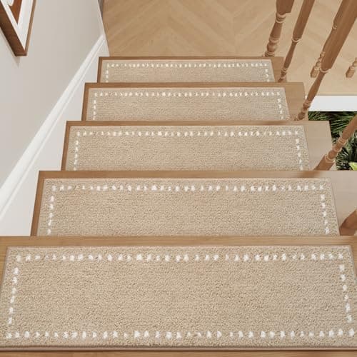 tchdio Stair-Treads Non Slip Indoor, Plush Stair Treads for Wooden Steps 15PC, Soft Peel and Stick Stair Treads, Carpet Stair Treads Reusable for Kids and Pets, Washable Stair Runner 8"x30" Beige - Image 1