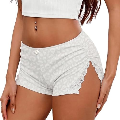 Marvmys Women's Y2K Leopard Micro Shorts Split Lace Pajama Shorts Cheeky Shorts Women Mini Lounge Shorts White Leopard M - Image 1