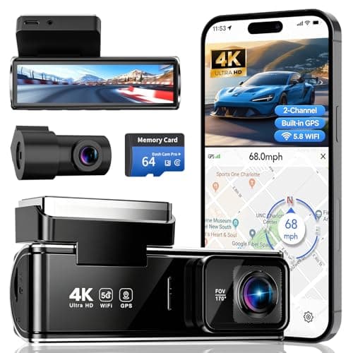 4K Dual Dash Cam Front and Rear, 2 Channel Car Camera with Built-in GPS 5.8GHz WiFi, 3.5" IPS Screen, 64GB Card Included, 170° Wide Angle, Night Vision, 24H Parking Monitor for Cars - Image 1