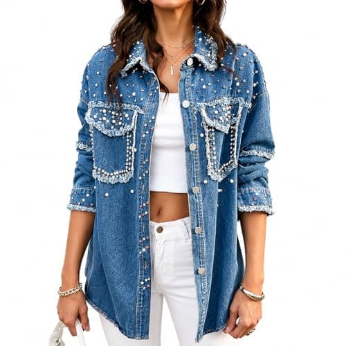Huang's Women's Embellished Denim Jacket with Shiny Studs Non-Stretch Heavyweight Cotton, Classic Fit, Distressed Detailing Coat (US, Alpha, Medium, Regular, Regular, T234) - Image 1