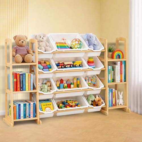 Etitlly Toy Storage Organizer with Bookshelf – Wooden Toy Organizer with 12 Toy Bins & 6 Tier Bookcase,Quick Assembly Kids Bookshelf,Toy Bin for Playroom, Bedroom, Nursery– White