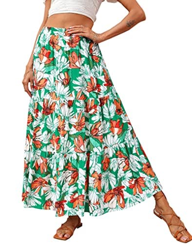 KIRUNDO Maxi Skirts for Women 2026 Summer Boho Floral High Waist Casual Flowy Long Skirt Beach Vacation Cruise Resort Wear(Floral Green Orange, Medium) - Image 1