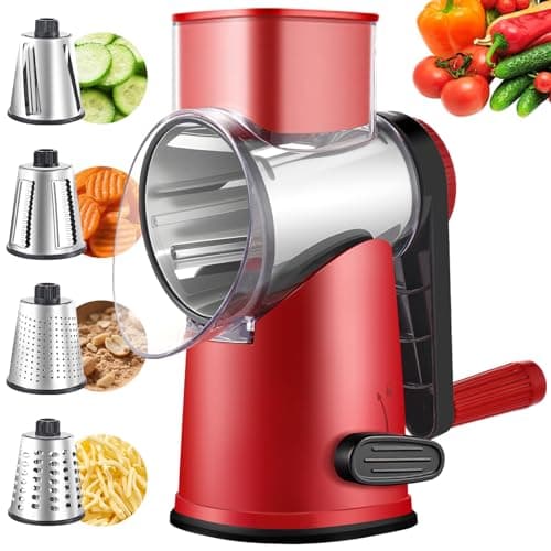 Weltonhm Rotary Cheese Graters with 4 Blades, Large Hand Crank Cheese Grater with Waffle Slicer, Red Cheese Shredder with Suction Base, Easier for Shredding & Grating (Red and black, 4 Graters) - Image 1