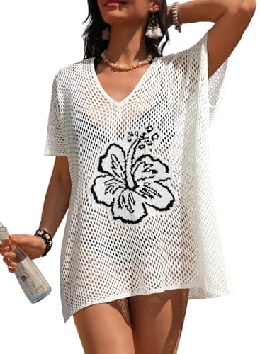 Dokotoo Women's Crochet Cover Up V Neck Floral Hollow Out Beach Dress Short Sleeve Swimwear Cover Up,White X-Large - Image 1