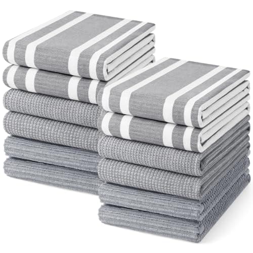Homaxy Premium Kitchen Towels(18”x 28”, 12 Pack), Large Cotton 380 GSM Kitchen Hand Towels, Soft and Absorbent Terry Dish Towels, Multipurpose Tea Towel Set with Hanging Loop, Grey - Image 1
