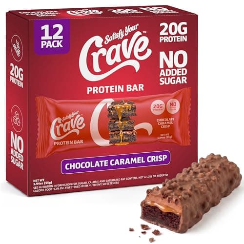 Satisfy Your Crave Protein Bars– High Protein Delicious Snacks– 20g of Protein, No Added Sugar– Chocolate Caramel Crisp– Perfect for Breakfast, On-the-Go Snack, Pantry Staple & Office Treat– Non-GMO, 12 Pack - Image 1