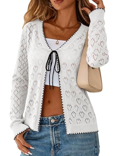 Biodeer Women's Crochet Cardigan Sweater Long Sleeve Tie Front Top Pointelle Hollow Out Knit Shrug White - Image 1