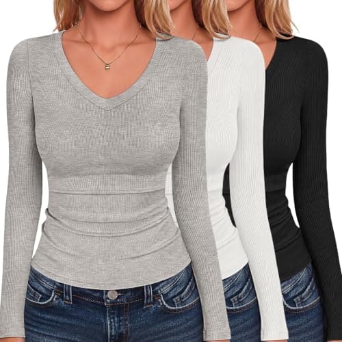 Zeagoo Womens Long Sleeve Shirts 3 Pack V Neck Tops Ribbed Slim Fitted Basic Tees Fall Fashion Trendy Clothes Base Layer - Image 1