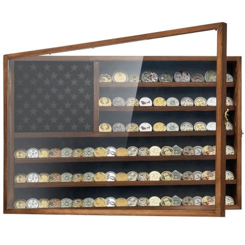 Challenge Coin Display Case, 27.6" x 18.3" Lockable Military Coin Holder Cabinet with Removable Star Board, Solid Wood Coins Cases for Collectors Plexiglass Coins Rack Stand - Image 1