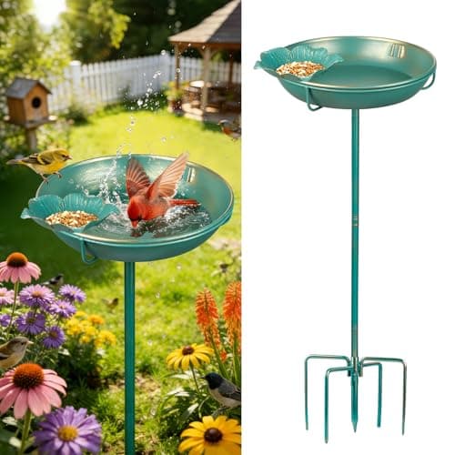 Mellbree Metal Bird Bath for Outside, 10" Dia 39" H Lake Blue with Gold Gilding, Freestanding with Perch & Feeder Bowl, Multi-Functional for Garden Patio Yard Lawn Outdoor Decor