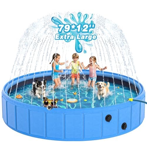 EPN 79” Foldable Dog Pool with Sprinkler, Large Collapsible Pet Pool for Dogs, Heavy Duty PVC & PP Portable Dog Swimming Pool, Non-Slip Outdoor Bathing Tub & Kiddie Pool for Backyard Summer Play - Image 1