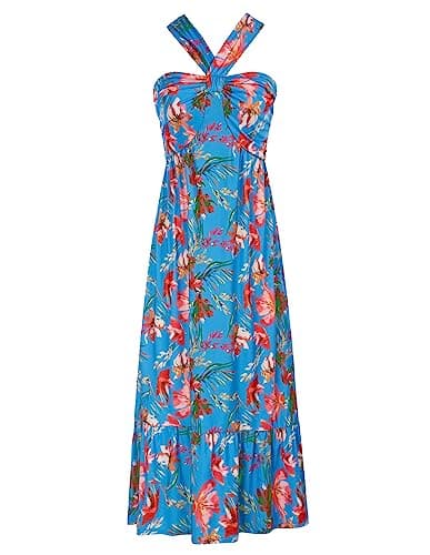2024 Summer Women's Criss Cross Halterneck Sleeveless Floral Print Flowy A Line Maxi Dress Blue Red XL - Image 1