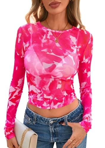 PRETTYGARDEN Women's Mesh Long Sleeve Spring Top 2026 Trendy Summer See Through Sheer Blouse Fitted Going Out Layering Shirts (Floral Rose Red,Large) - Image 1