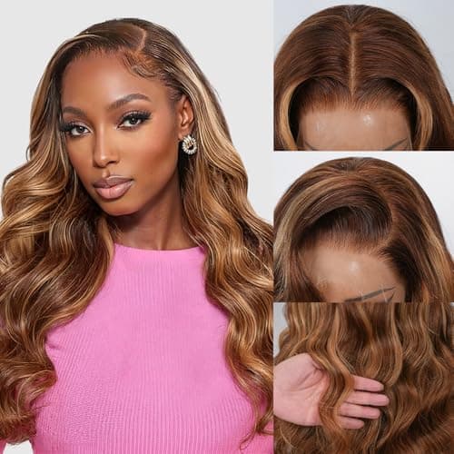 SKINLIKE HD Lace 13x4 Full Frontal Lace Wig 4/27 Honey Blonde Highlight Ombre 0.10mm Ultra-thin Invisible Swiss Lace Front Wigs Body Wave Lace Frontal Wigs Human Hair Pre Plucked Bleached Tiny Knots - Image 1