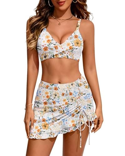 HORISUN Women's 3 Piece High Waisted Bikini Skirt Set Tummy Control Swimsuit with Detachable Swim Skirt Bathing Suit Bottom Orange Floral L - Image 1