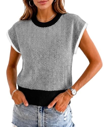 Flowyair Womens Cap Sleeve Sweater Vest Color Block Knit Crop Tops Crew Neck Casual Lightweight Pullover Tops Black - Image 1